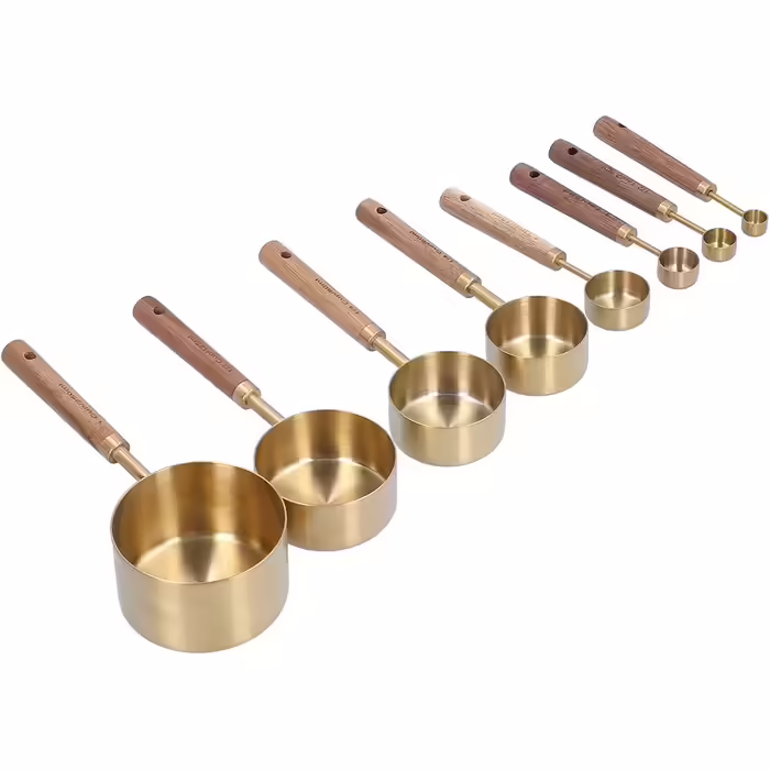 8-Piece Measuring Cup and Spoon Set, Stainless Steel Measuring Cups with Wooden Handle, Bartender Scale, Measuring Spoons, Baking Tool for Food, Spices, Milk