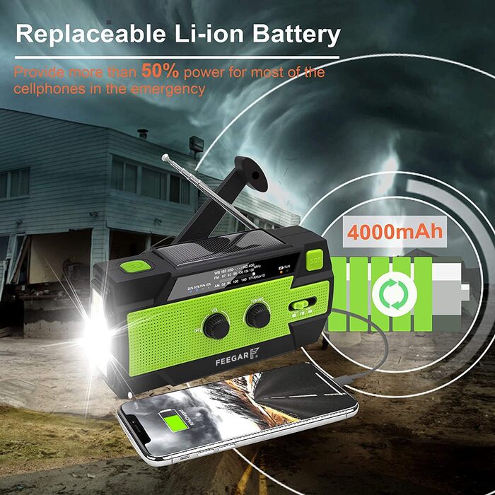 Радіо сонячне аварійне Feegar Oze 2 Pro з ручним заводом, AM/FM, ліхтарик LED, SOS, Powerbank 4000mAh