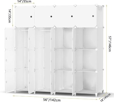 HOMIDEC Wardrobe, Portable Shelving System, 20 Cube Closet Made of Plastic with 2 Clothes Rails, Bedroom Wardrobe Closet White for Bedroom, 180 x 142 x 45cm (16 cube, All White)