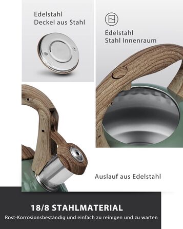 Чайник Poliviar Teekessel Diamant-Grün з нержавіючої сталі, стійкий до корозії та високих температур, підходить для всіх типів плит (JX2020-RH30-DE)