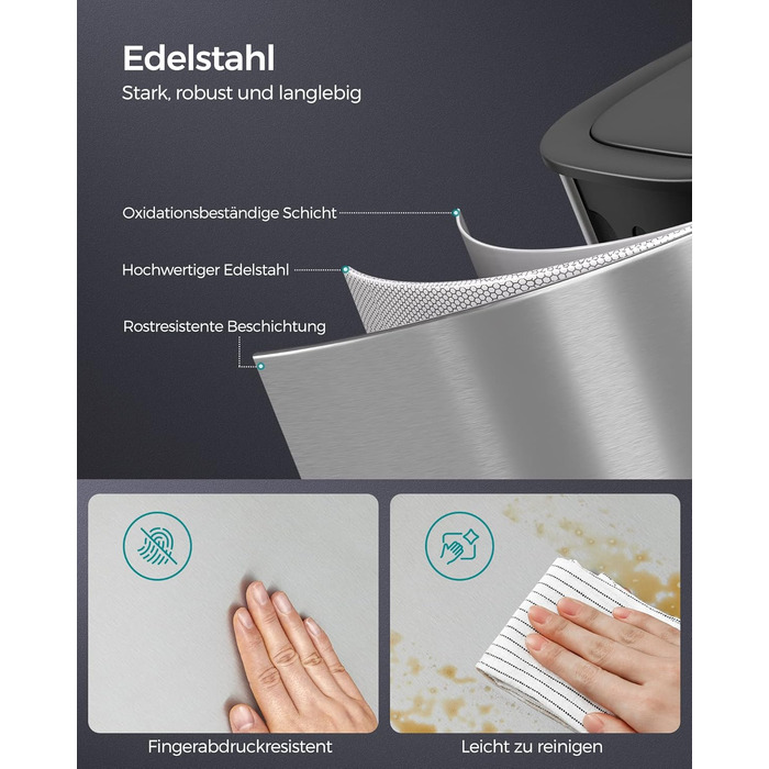 Відро для сміття SONGMICS з датчиком 50л, з м'яким закриттям, з нержавіючої сталі, з кільцем для пакетів, срібне (LTB610E50)