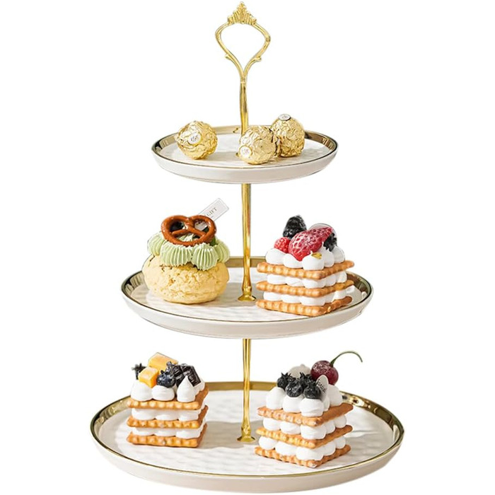 Керамічний підставка для тістечок з 3 ярусами, золоті акценти, для фруктів, десертів та декору столу (біла)