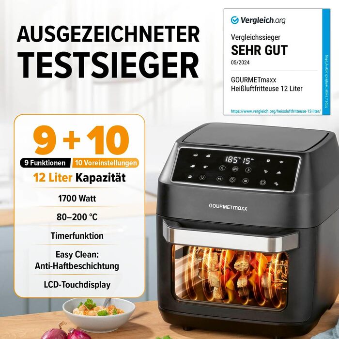 GOURMETmaxx Hot Air Fryer 12 L Airfryer | Deep Fryer with 9 Functions, Touch Display, Rotating & Skewer Spits | 10 Programs incl. Pizza | Mini Oven 1700 W – virtually without oil, matte black, 12 liters