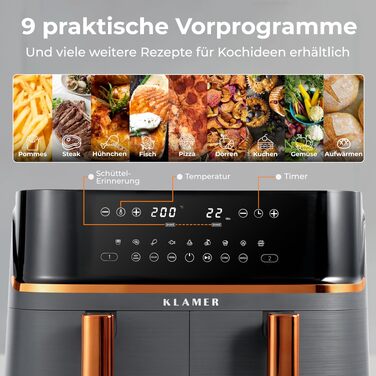 Аерофритюрниця KLAMER Duo 9L з двома незалежними кошиками, функціями Match та Sync, мідного кольору