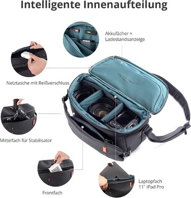 PGYTECH OneMo Sling Camera Bag 7L-9L: Водонепроникна фотосумка на плече для Sony, Canon, Nikon, DJI Mini 4 Pro, Avata 2, Mavic, зі штативом та ноутбуком, чорна