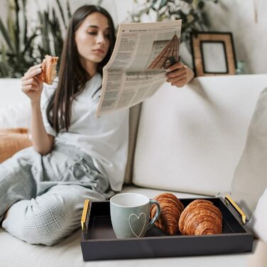 Hanobe Serving Tray Decor Tray Wood: Set of 3 Black Decorative Wooden Trays with Gold Handles Coffee Table, Rectangular Jewelry Tray, Bedside Table Tray, Modern Candle Tray, Coffee Decor Tray