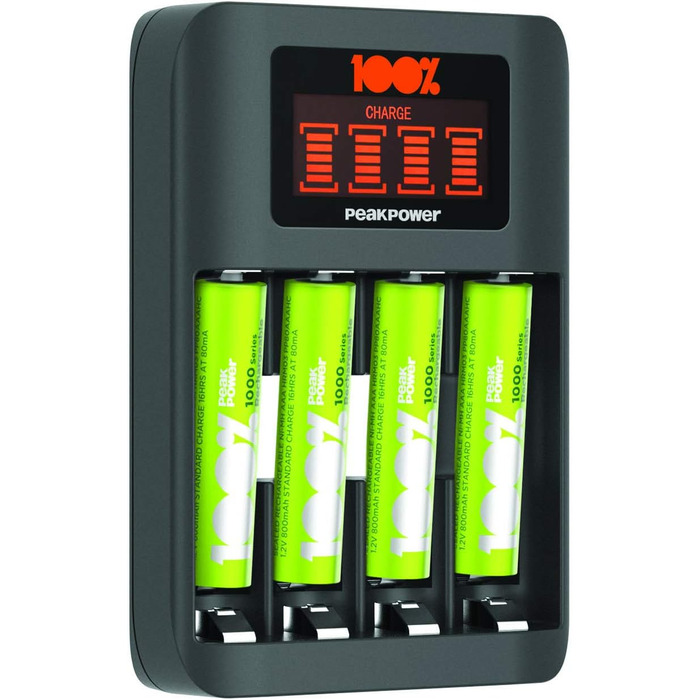 Зарядний пристрій PeakPower для акумуляторів AA AAA | Зарядка для акумуляторів з 8 акумуляторами (4 x AA + 4 x AAA), захист від перезаряду, таймер безпеки (USB зарядний пристрій для акумуляторів у екологічній упаковці), 8-слотовий зарядний пристрій + 8 акумуляторів (швидка зарядка + 4 x AAA акумулятори)