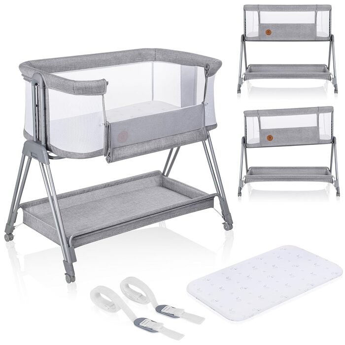 Lionelo Luna Portable Crib with Mattress, Travel Bed, from Newborn to 9 kg, Adjustable in Height and Tilt, 4 Wheels with Brakes, Attachment for Parent's Bed (Gray)