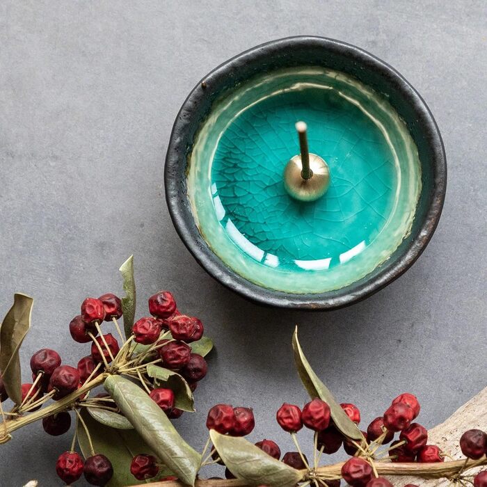 Asayu Japan Mini Incense Holder - Aquamarine - For 83 mm Incense Sticks, Made in Japan, Traditional Ceramic Ash Catcher, Includes Detachable Brass Stand - For Yoga, Meditation, and Relaxation