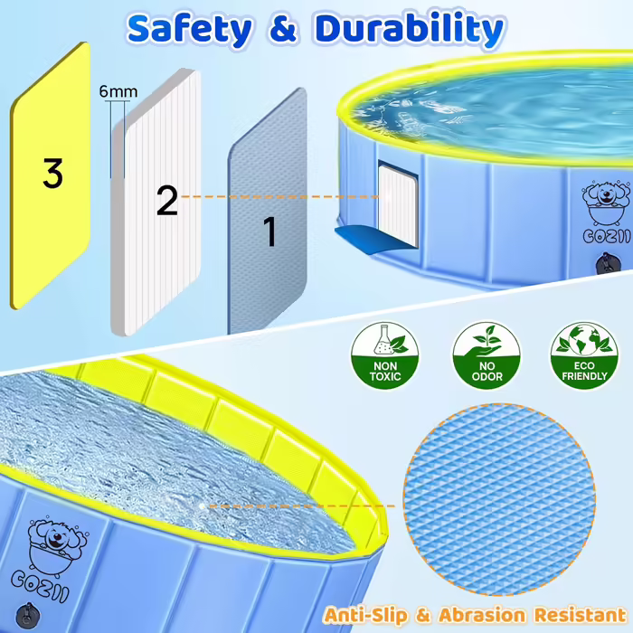 COZII Dog Pool, 160 x 30cm Dog Pool for Large and Small Dogs, Foldable Dog Bathtub, Splash Pool for Children, Portable Dog Pool with Non-Slip PVC and Bath Brush