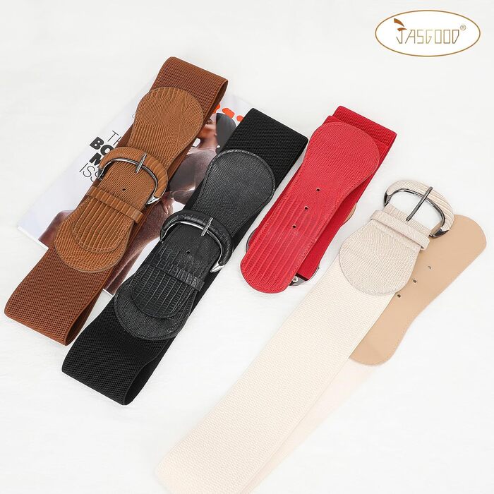 Жіночий широкий еластичний пояс JasGood 2 шт. В'язаний ремінь для суконь, штанів, джинсів. Чорний/Бежевий. Розмір M (76-90 см), L (91-105 см)