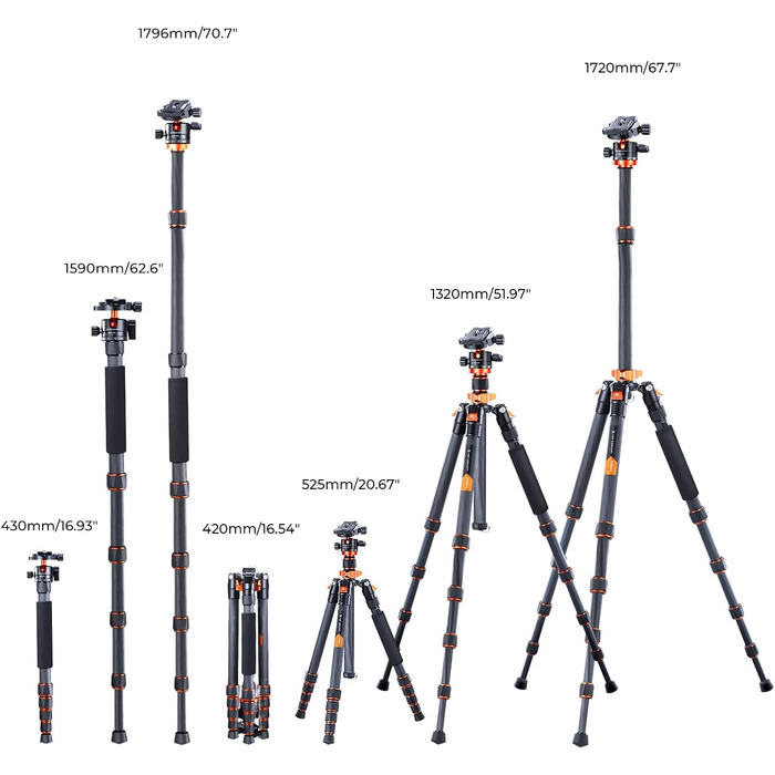 Штатив K&F Concept 172см з вуглецевого волокна, D255C4(SA255C1) - компактний штатив для камери/телефону, легкий трипод з функцією монопода, 1/4” гвинт, туристичний штатив з кульковою головкою 360° для DSLR, до 10кг