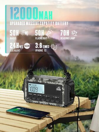 Радіо на механічній ручці з сонячною панеллю та Powerbank 12000mAh | AM/FM/SW радіо для надзвичайних ситуацій, зарядка USB-C, SOS-сигнал, ліхтарик та лампа для читання | Водонепроникне, портативне для кемпінгу, туризму (Сірий камуфляж)