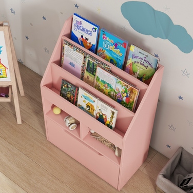 HOMCOM Kids Bookshelf, Children's Shelf with Drawer, 3 Storage Compartments and 2 Open Compartments, Storage Shelf for Kids' Room, Playroom, Pink, 60 x 29.9 x 90 cm | Aosom