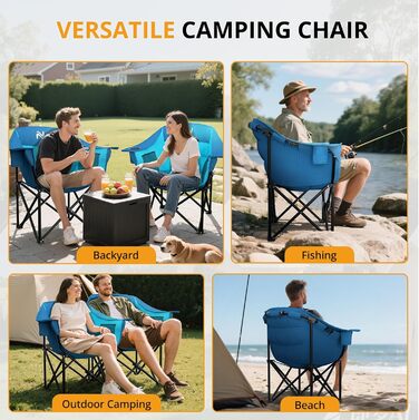 Кемпінговий стілець складаний посилений (200 кг) з подушкою 6 см - для риболовлі, кемпінгу, саду, фестивалів. Зручний стілець з бічними кишенями та сумкою для транспортування (Синьо-блакитний, M)