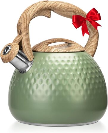 Чайник для заварювання чаю Teekessel 2,7 л з емальованим покриттям зеленого кольору з імітацією дерева, з носиком, з нержавіючої сталі, антижаровий ручка оливкового кольору