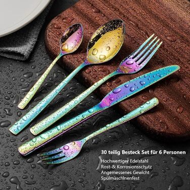 Opolia Cutlery Set for 6 People, Rainbow Cutlery, 30-Piece Stainless Steel Cutlery Set, High-Gloss Polished, Forks and Spoons, Dishwasher Safe, Rustproof and Colorful