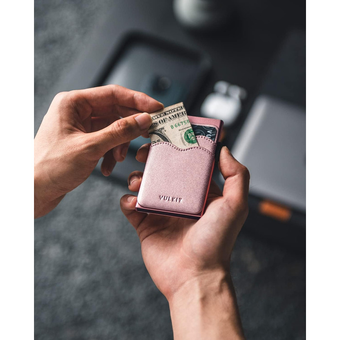 VULKIT Слім гаманець з RFID захистом та висувним відділенням для карток, шкіряний мінімалістичний металевий картхолдер для жінок та чоловіків (Перлинно-рожевий)
