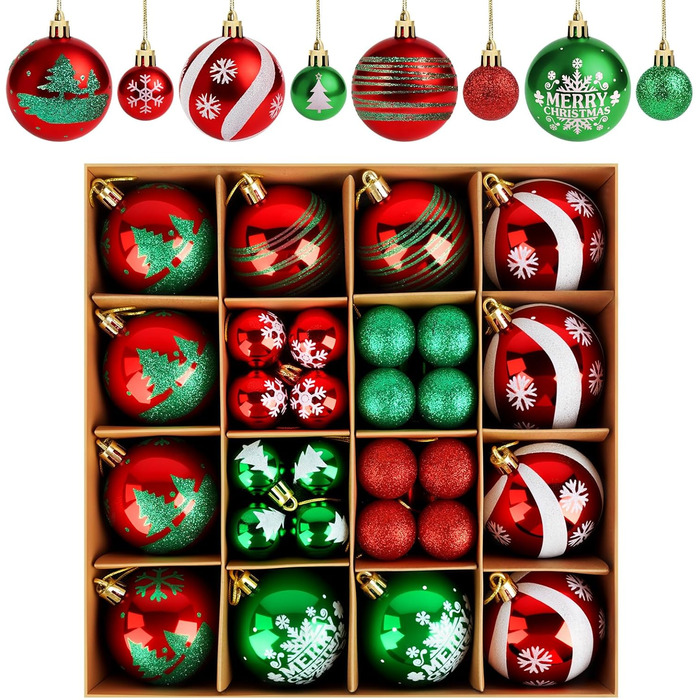 Набір прикрас на ялинку Ilauke, 44 шт. Ялинкові кулі пластикові червоно-білі, 3 та 6 см. Декорації для ялинки, різдвяний декор, вечірка, дім, весілля, Різдво, червоний, білий