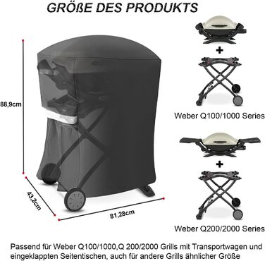 Чохол для гриля Weber Q100/Q200/Q1000/Q1200/Q1400/Q2000/Q2200/Q2400 на візку, водонепроникний, зносостійкий 600D Oxford, захисна кришка для барбекю з переносною підставкою