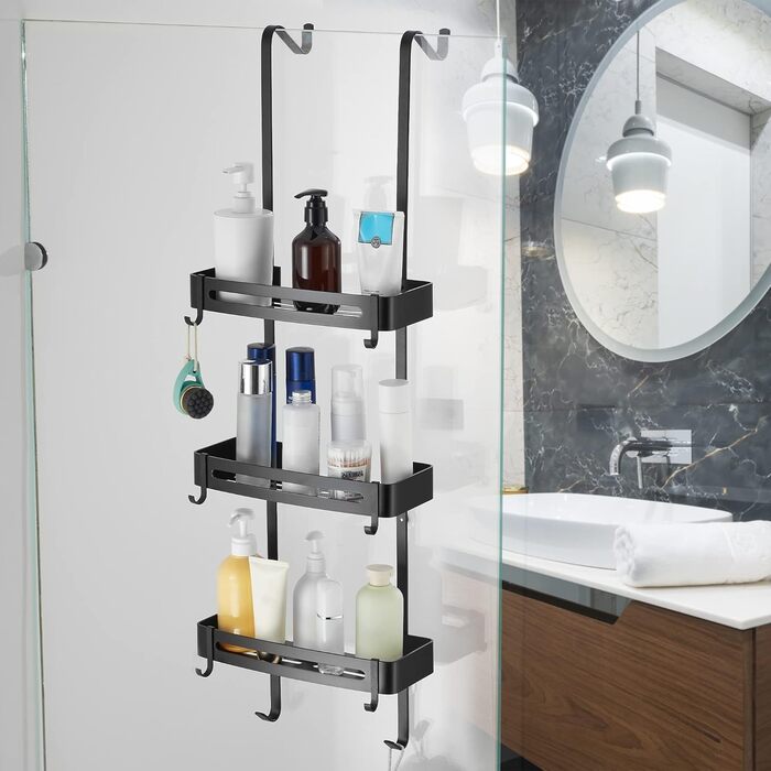 Двоярусна полиця для душу MOGFCT з гачками, з нержавіючої сталі, для ванної кімнати, чорна