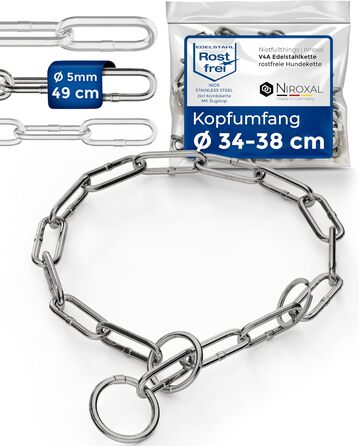 Нашийник для собак з обхватом голови 49-53 см, нержавіюча сталь V4A, ланцюговий нашийник з запобіжником, довгі ланки 5 мм, загальна довжина 64 см