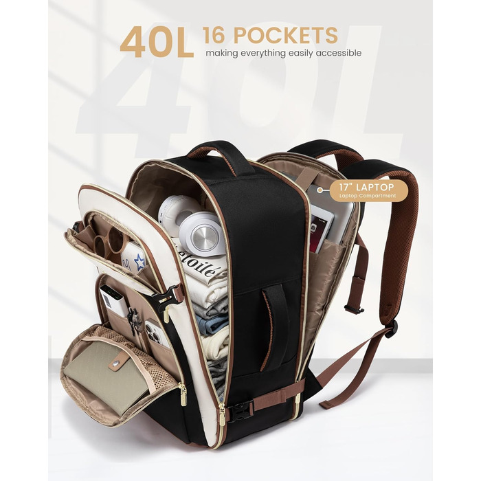 LOVEVOOK Рюкзак для ручної поклажі, 40L, для подорожей, чоловічий/жіночий, 17 дюймів, водонепроникний, для вихідних, кемпінгу, бізнесу, сумка для ручної поклажі, Cabin Bag