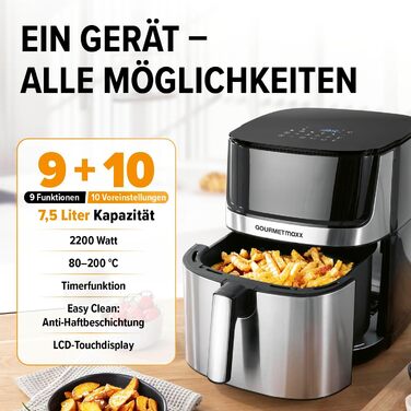 Gourmetmaxx 4-in-1 Digital Air Fryer | Powerful Air Fryer 2200 W | Low-Fat + Energy-Saving Frying with Touch Display & Timer Function - 7.5L | [Includes 10 Programs] Stainless Steel / Black 7.5 Liters
