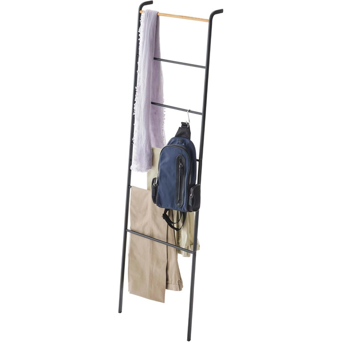 Yamazaki 2813 TOWER Leaning Clothes Rack, Black, Steel/Wood, Minimalist, 45 x 24 x 160 cm