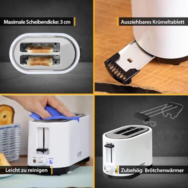 Тостер TZS First Austria 4-х секційний з широким прорізом, 1400 Вт, з підсвічуванням, з лотком для крихт, підставка для тостів, теплоізольований корпус, регулювання температури, корпус з нержавіючої сталі, функція розморожування, центрування хліба, білий