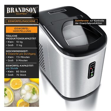 Машина для приготування льоду Brandson з нержавіючої сталі, 2.2 л, самоочищення, маленькі та великі кубики льоду, срібна