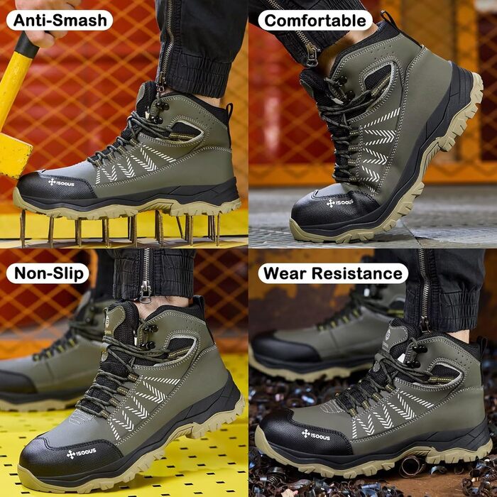 Черевики робочі чоловічі ISOOUS, високі, захисні, для жінок та чоловіків, легкі, зі сталевим підноском, антиковзаючі (43 EU, армійний зелений)