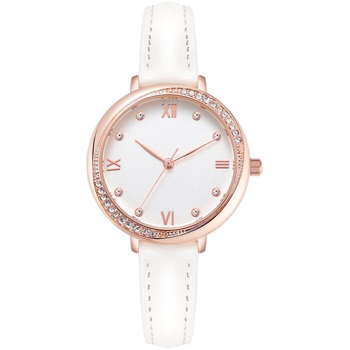 Жіночий класичний кварцовий годинник NUOVO Rose Gold з білим шкіряним ремінцем та кристалами на безелі