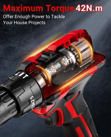 Акумуляторний шуруповерт BETENST 21V з 2 акумуляторами 2.0Ah, 42Nm, 25 моментів, 2 швидкості, LED-ліхтик, 30-ти елементний набір для дому та саду, DIY проєкти