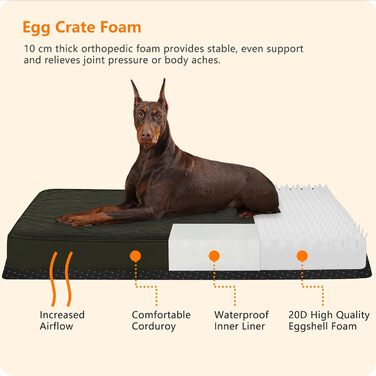Ортопедичне ліжко для собак, 10 см товщина, для середніх та великих собак, знімний та пральний килимок, неслизьке дно, водонепроникне внутрішнє покриття, 112 см, оливковий колір