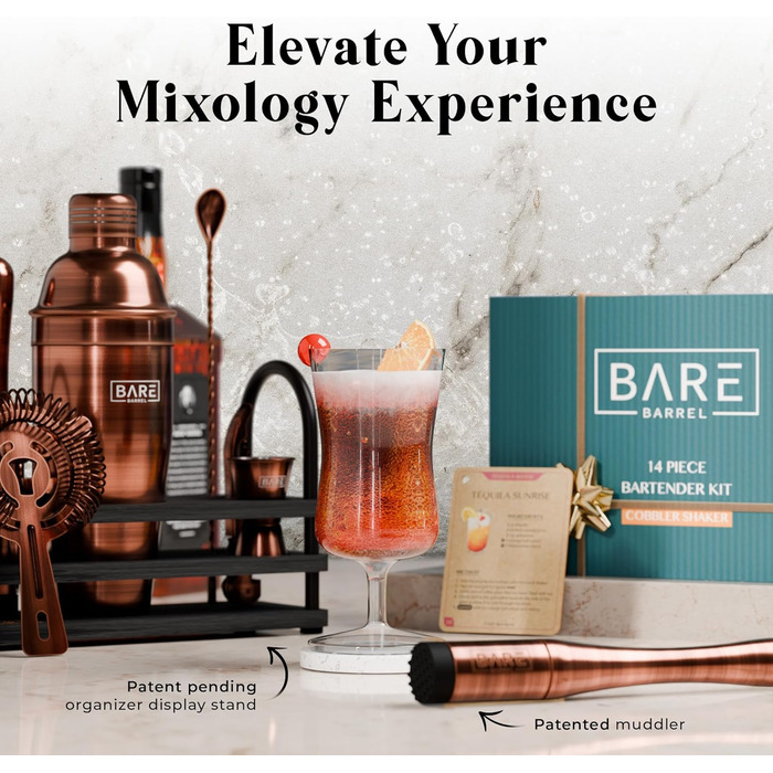 Набір бармена BARE BARREL®: 14 предметів для приготування коктейлів, шейкер Schuster (680 мл), аксесуари для бару, 35 рецептів, подарунковий набір