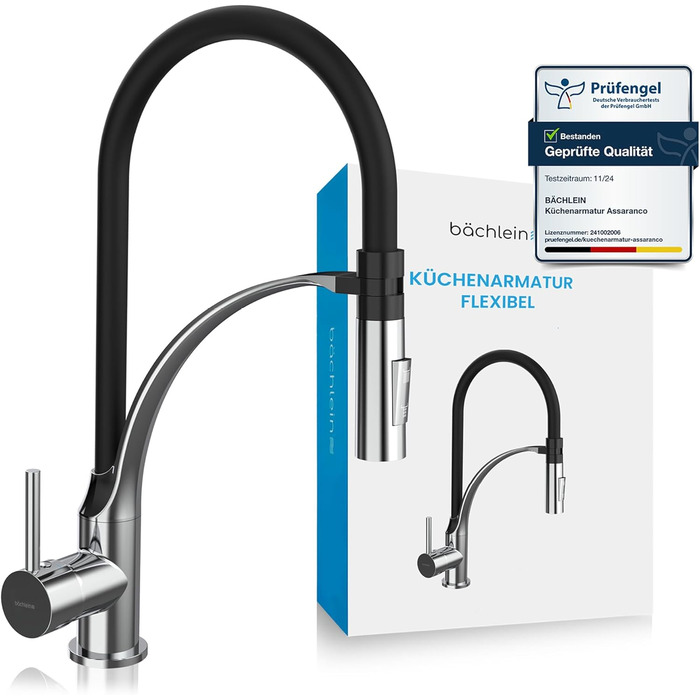 Кухонний змішувач Bächlein Nedo – поворотний на 360° з нержавіючої сталі, з гнучкою голкою та виливним гусаком з перемикачем, для кухні (гнучкий)