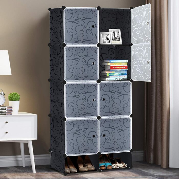 DIY Shoe Cabinet Shoe Shelf, Shelf System Shoe Storage Shelves for Clothes, Shoes, Toys, and Books 111cm x 37cm x 147cm (Black with Door) (8 Boxes)