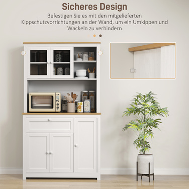 HOMCOM Farmhouse-Style Kitchen Cabinet with 1 Vitrine (Glass-Front Cabinet), 1 Open Shelf, 1 Drawer, and 2 Cabinets, Natural + White