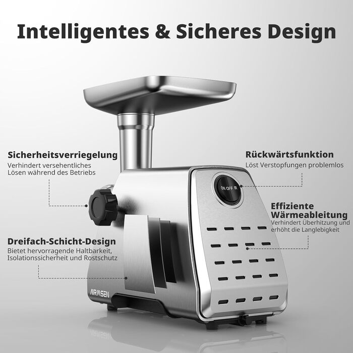М'ясорубка електрична AIRMSEN з насадкою для ковбас, 2 сталеві ножі, 3 диски, насадка Kubbe, потужний мотор, нержавіюча сталь