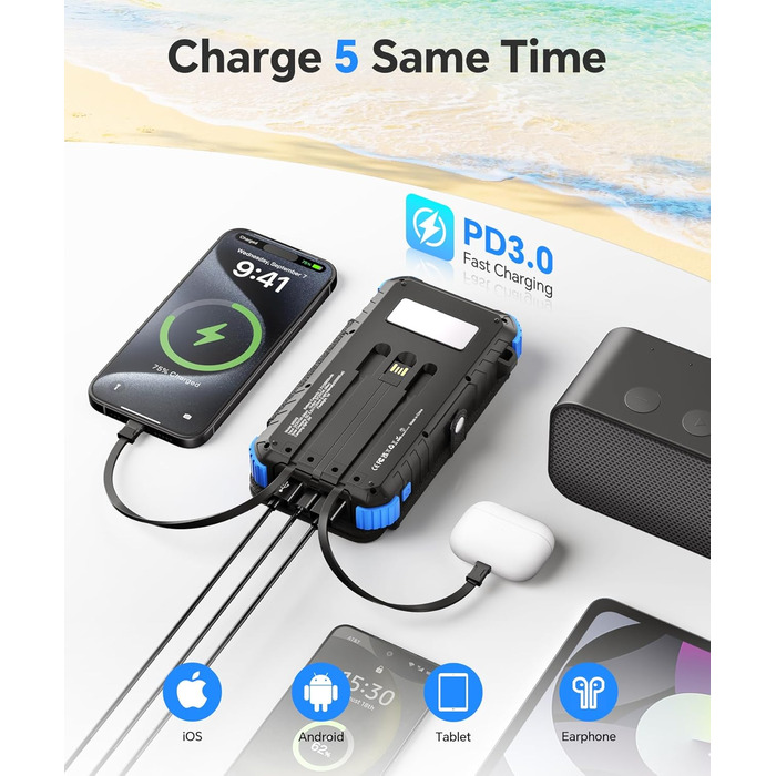 Powerbank Solar 26800mAh з USB-C, 5 виходів, водонепроникний, з карабіном та ліхтариком, для кемпінгу, телефонів та планшетів (блакитний)