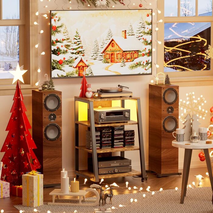 Lifewit Полиця HiFi для вінілу з колесами, регульованими полицями, розетками та LED-підсвіткою, чорно-коричнева, 60x55x90 см