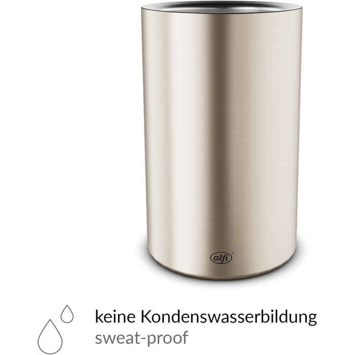 alfi SECCO, Stainless steel bottle cooler for 0.70 to 1l bottles, wine, sparkling wine. Keeps drinks cool without condensation or ice cubes, keeping drinks refreshingly cold until the very last drop. Drinks are dishwasher-safe and BPA-free (Champagne Mat, cylindrical)
