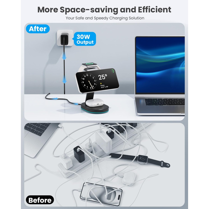 Бездротова зарядка 3-в-1 з MagSafe, USB-C та нічником для iPhone 16/15/14/13/12, Apple Watch та AirPods, A-Schwarz