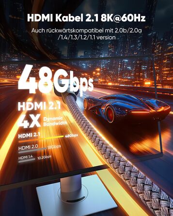 HDMI 2.1 кабель SNOWKIDS 2 метри: 8K@60Hz, 4K@120Hz, 48Gbps, HDR, eARC, HDCP 2.3, сумісний з PS5/PS4/PS3, HDTV, монітор