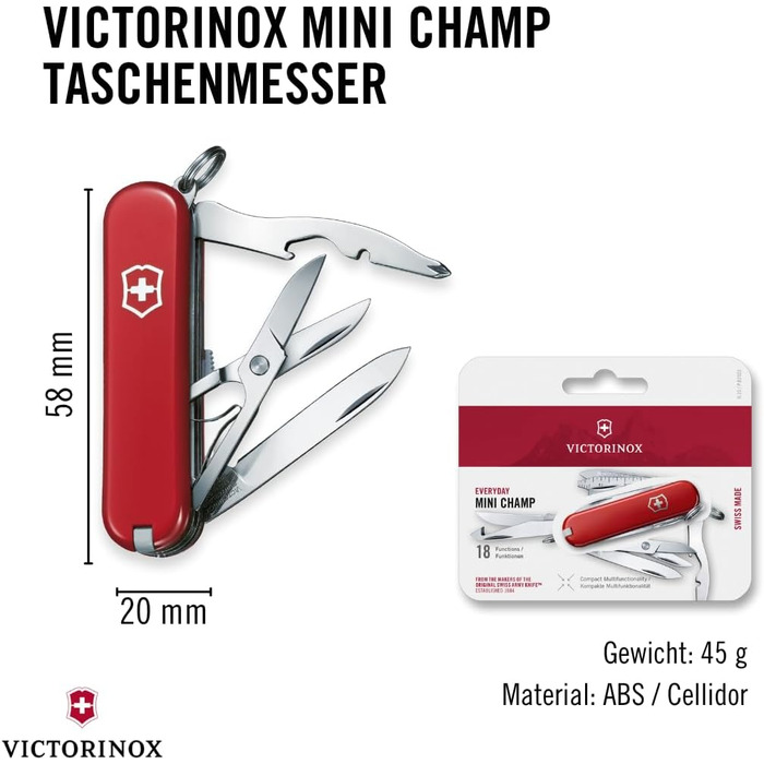 Мультитул Victorinox Mini Champ: 18 функцій, Swiss Made, з відкривачем листів, відкривачем пляшок, інструментом для зняття ізоляції, червоний