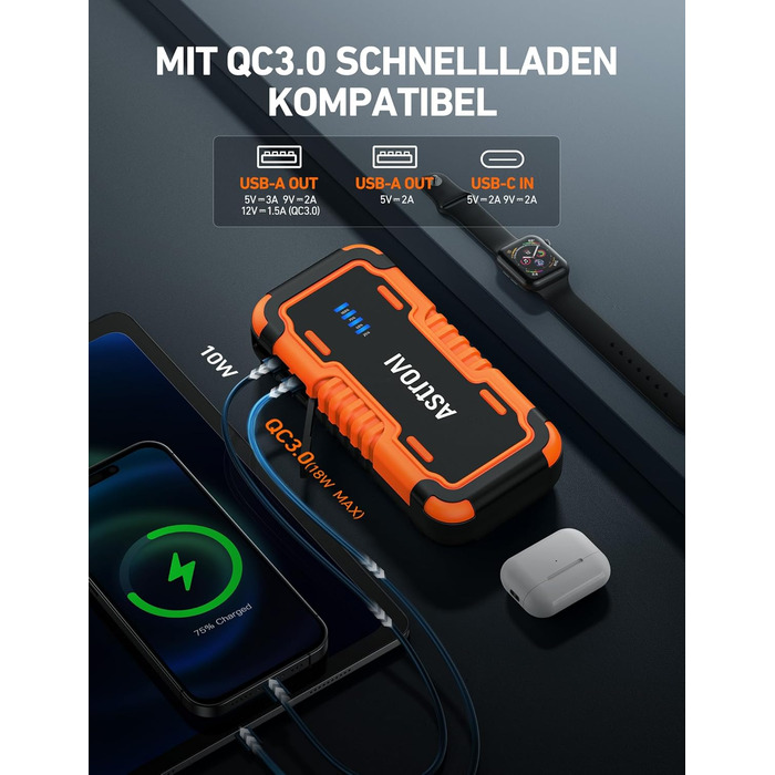 Powerbank AstroAI P10 для авто: пусковий пристрій, 10L бензин/8L дизель, 12V, LED, Orange