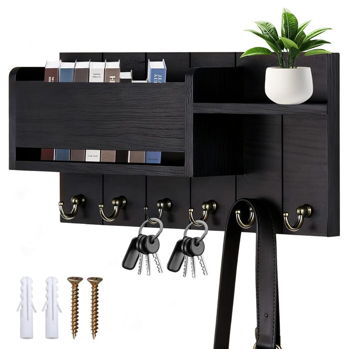 Дерев'яне ключниця з полицею, органайзер для ключів на 6 гачків, декоративна полиця для ключів з 4 шурупами для прихожої, входу, спальні