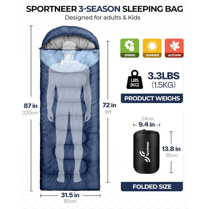 Сплячий мішок Outdoor Sportneer для дорослих та дітей - легкий, портативний, для кемпінгу, походів, рюкзаків, 220x80см, темно-синій + світло-синій