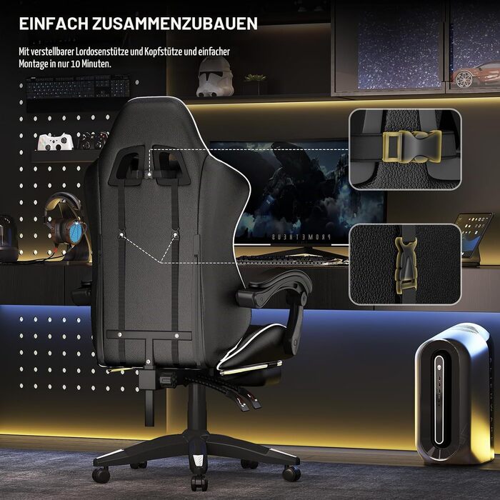 Ігрове крісло Bigzzia Ergonomic Gaming Stuhl з підніжкою та функцією масажу, біле